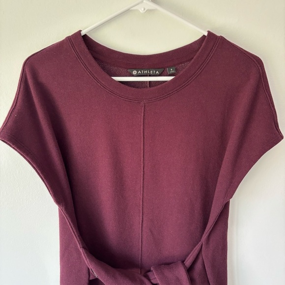 Athleta Embrace Sweater Dress Burgundy Belted Tie Waist Athleisure Short Sleeve - Picture 5 of 11